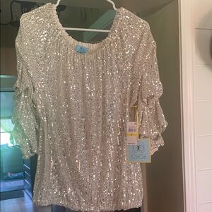 CeCe Silver Sequin Flutter Sleeve Blouse
